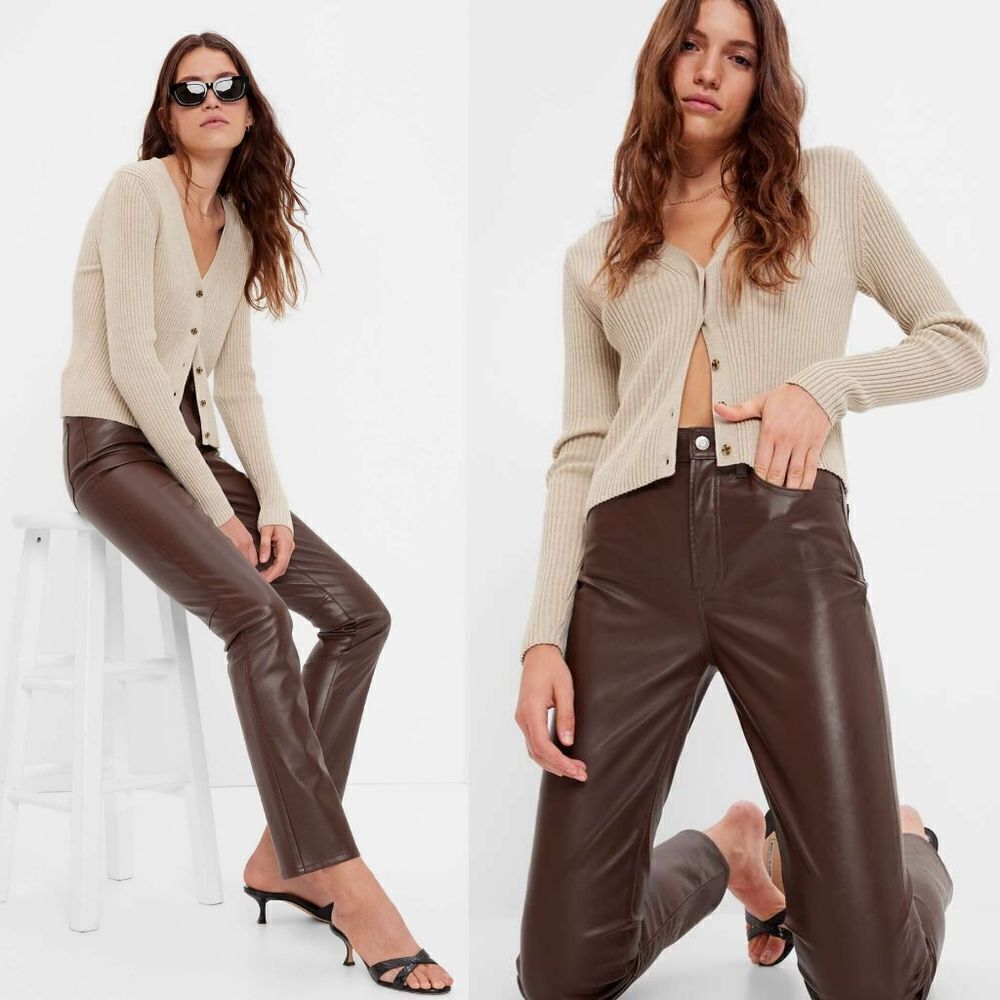 NWT Gap High Rise Vegan Leather Vintage Straight Pant Trouser Espresso Brown 16